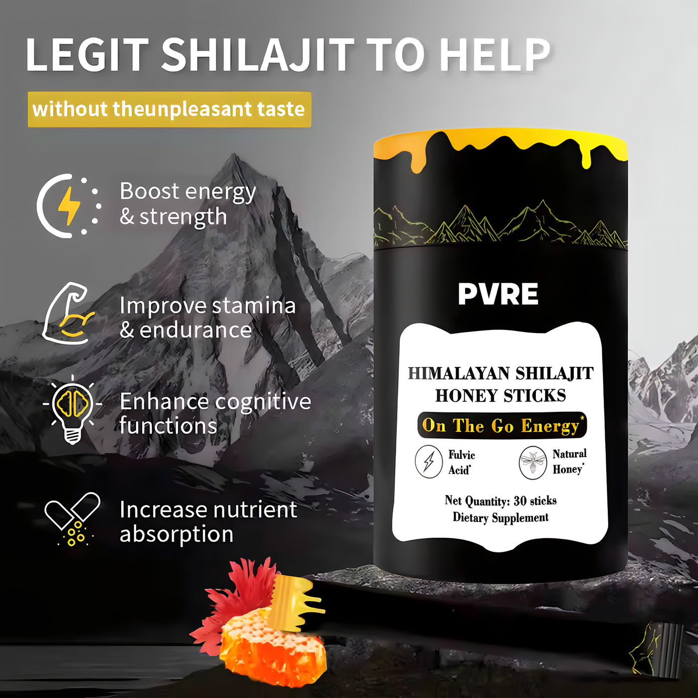 PVRE Honey (30 Sticks) - Natural Shilajit Resin & Raw Honey Blend