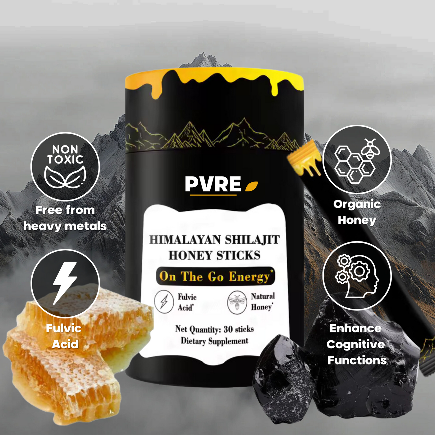 PVRE Honey (30 Sticks) - Natural Shilajit Resin & Raw Honey Blend